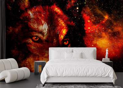 magical space wolf, multicolor computer graphic collage. Space fire. Wall mural