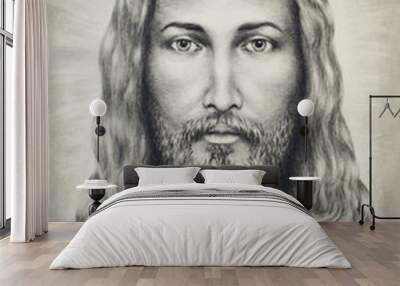 pencils drawing of Jesus on vintage paper, with ornament on clothing. eye contact. Wall mural