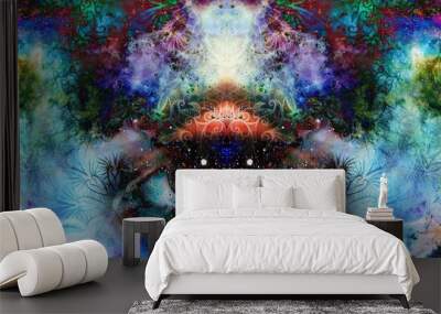 psychedelic eyes on multicolor abstract backgroung with ornamental pattern. Wall mural