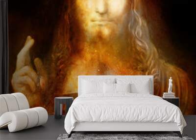 Saviour of the world. Salvador mundi. My own reproduction of Leonardo DaVinci painting. Cosmic space collage. Wall mural