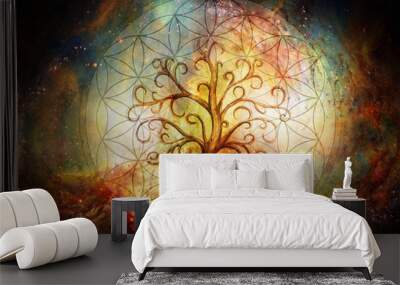 tree of life symbol and flower of life and space background, yggdrasil. Wall mural