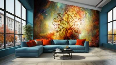 tree of life symbol on structured and space background, yggdrasil. Wall mural