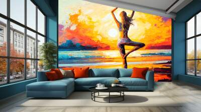 Woman practicing yoga on the beach at sunset. watercolor style. generative ai. Wall mural