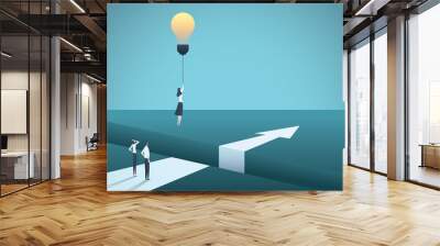 Business creativity vector concept with woman flying with lightbulb. Symbol of creative solution, breakthrough, innovation, challenge. Wall mural