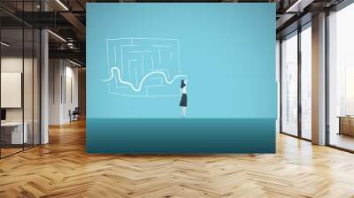 Business solution vector concept with business woman finding way through maze. Symbol of genius, intelligent woman, challenge, opportunity, planning, strategy. Wall mural