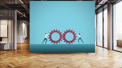 Business teamwork vector concept with businessman and businesswoman pushing gears together. Symbol of cooperation, collaboration, technology, success. Wall mural