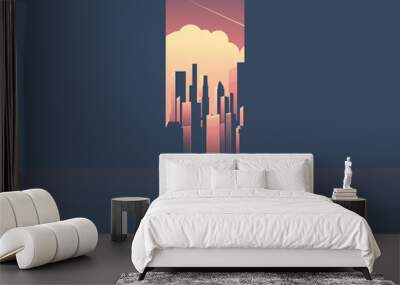 Businessman with telescope looking at skyline of modern corporate world. Business success, opportunity, challenge and visionary vector concept. Wall mural