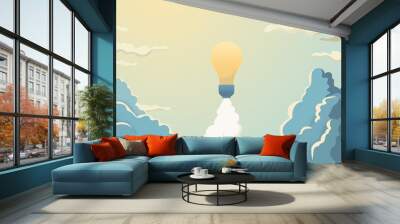 Creativity vector concept with lightbulb space rocket launch into space. Symbol of innovation, invention, new business. Wall mural