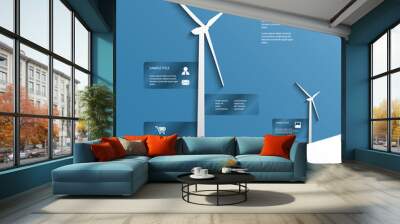 Ecology poster or flyer with wind turbines on blue background Wall mural