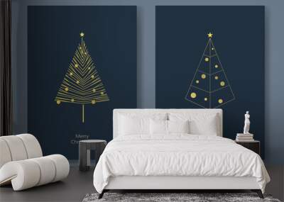 Two christmas card vector templates with gold glittery christmas trees with minimalist geometry shapes. Holiday season decoration. Wall mural