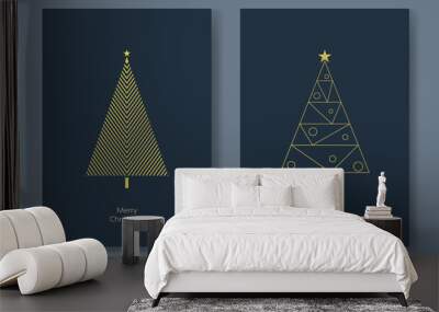 Two christmas tree card vector templates with modern shape geometric lines xmas trees. Winter holiday postcard or poster in letter format. Wall mural