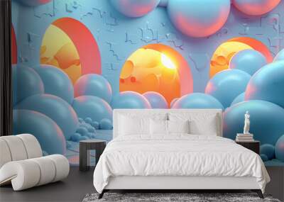 Abstract pastel blue room with spheres lit by orange light coming from three arches Wall mural