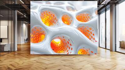 Abstract white bumpy surface with holes glowing orange light 3d illustration Wall mural