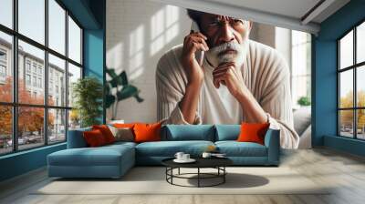 African old man angry and complaining because he doesn't accept the conditions on the phone with the company at his home, people concept, generative ai Wall mural