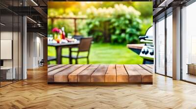 Backyard garden party with barbecue wooden table on blurred background with space for text, summer party, lifestyle concept, generative ai Wall mural