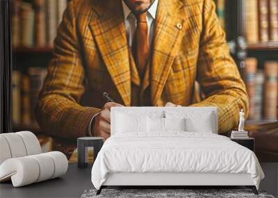 Businessman analyzing document in classic library Wall mural