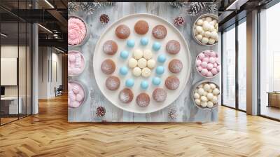 Celebrating gingerbread house day with festive sweets and treats on white wood background Wall mural