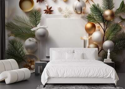 Christmas decoration around empty white plate with copy space Wall mural