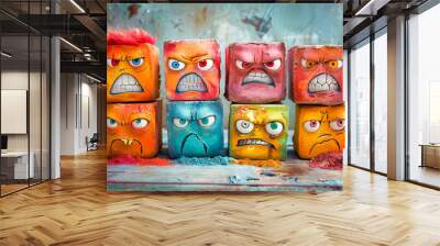 Colorful cubes showing diverse human emotions of anger and frustration Wall mural