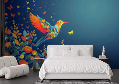 Colorful hummingbird flying from floral bouquet over blue background Wall mural