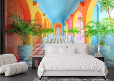 Colorful pastel archway corridor featuring a checkered floor and potted plants Wall mural