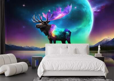 cosmic energy glowing elk capturing starlight aurora borealis, concept Animals, generative ai	 Wall mural