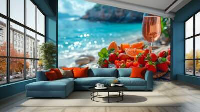 Glass of rose wine and fresh summer fruits are standing on the beach Wall mural