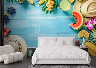 Hat, sunglasses and fruit on an abstract background of blue color, summer concept, generative ai Wall mural