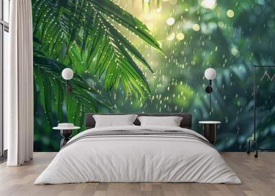 Heavy rain falling on lush green tropical plants in jungle Wall mural