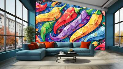 Illustration of colorful chiles in nogada floating in space Wall mural