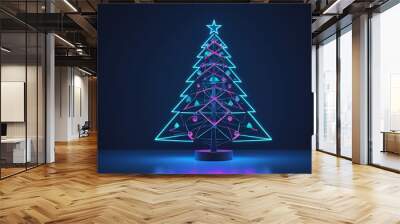 Neon christmas tree shining in dark blue room Wall mural