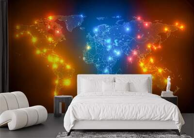 Neon world map showing global connections and networks Wall mural