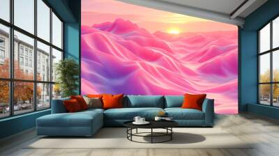 Pink and purple wavy landscape at sunset with sun shining Wall mural