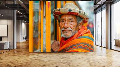 Senior hispanic man wearing traditional clothes is taking public transportation in the city Wall mural