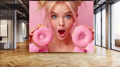 Surprised blonde woman showing two pink donuts on pink background Wall mural