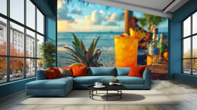 Tropical pineapple mocktail by the beach Wall mural