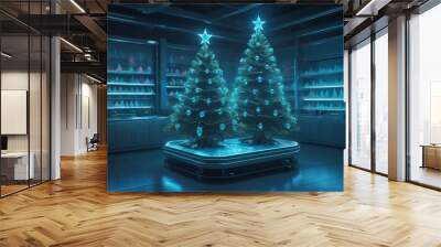 Two christmas trees shining in a futuristic laboratory Wall mural