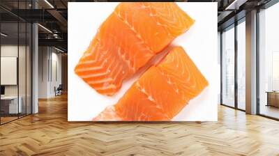 Two fresh salmon fillets lying on white background Wall mural