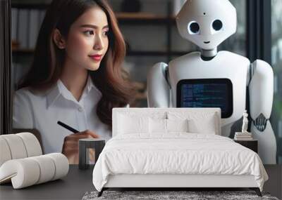 Woman and robot with artificial intelligence working together in office concept, technology concept, generative ai	 Wall mural