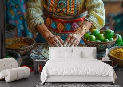 Woman cooking traditional mexican food in rustic kitchen Wall mural