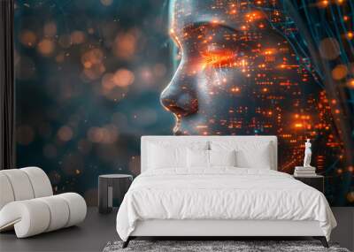 Woman face transforming showing futuristic bitcoin visions Wall mural