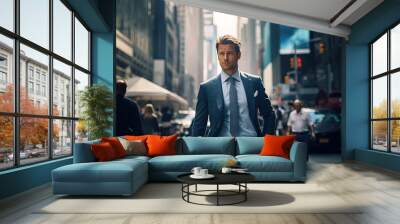 Handsome Businessman in Suit Walking Down New York Street Wall mural