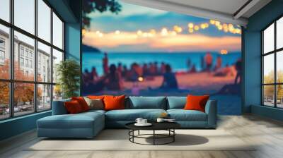 A beach party at night with people and lights. Wall mural