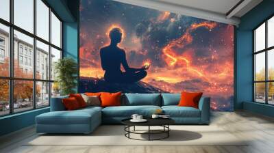 A person sits in meditation amidst fiery, swirling clouds. A dramatic landscape. Wall mural