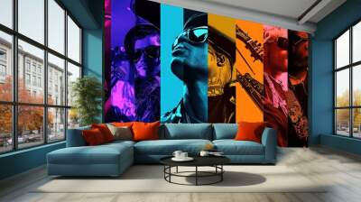 A wall of colorful images with reflections in a dark surface. Wall mural