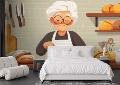 A woman in a kitchen is cutting a loaf of bread. Wall mural