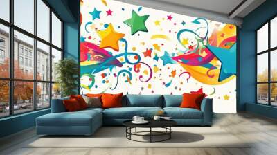 Colorful stars, ribbons, and confetti in a party-like design. Wall mural