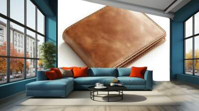 A beautifully crafted leather wallet, with intricate stitching and a rich patina isolated on white background. Wall mural