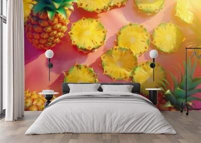 A colorful array of fresh pineapples from above, each slice radiating with vitamins and juicy goodness, set in a realistic diet concept backdrop Wall mural