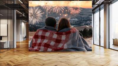 A couple watching fireworks from a snowy hilltop, wrapped in blankets and sharing a quiet moment of reflection and hope for the year ahead Wall mural